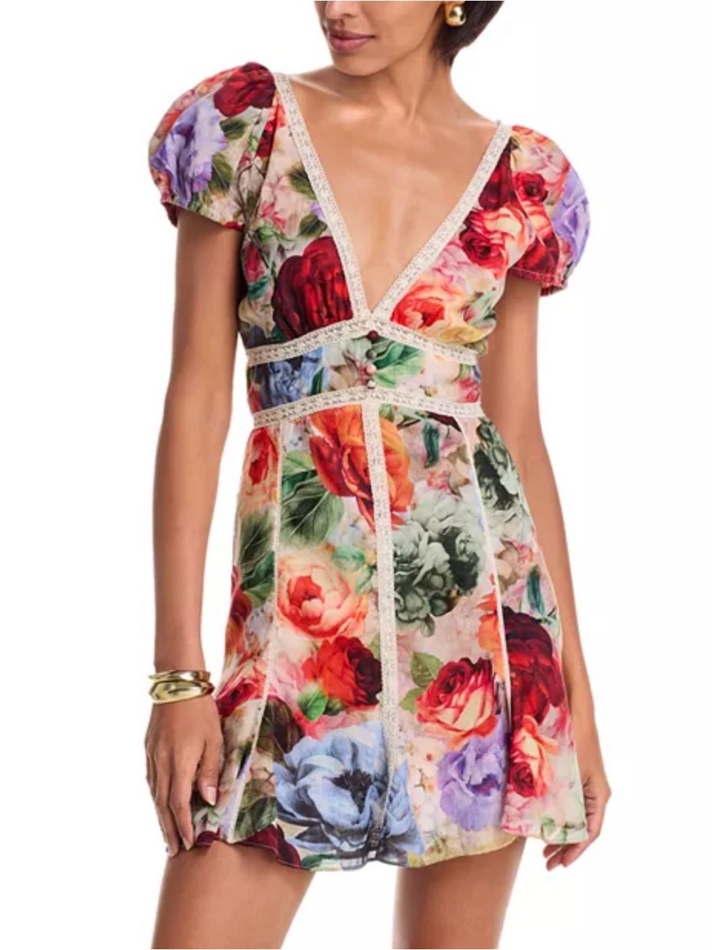 Alice + Olivia Floral Deep V Puff Sleeve Mini Dress - Red, Purple, Green